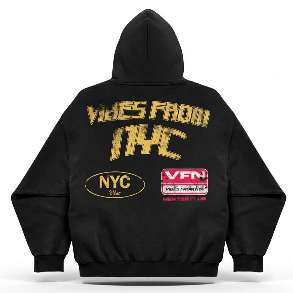 VFN Archive NYC Heritage Zip-Up Hoodie Black & Gold Graphic Sweatshirt