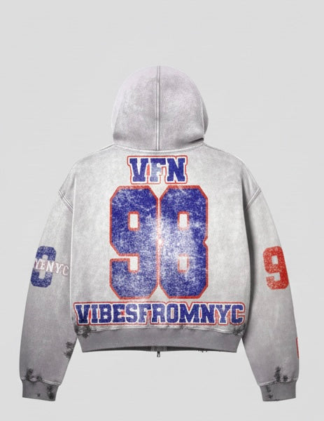 Vintage Wash Distressed Zip-Up Hoodie VIBES FROM NYC ‘88 Oversized Graphic