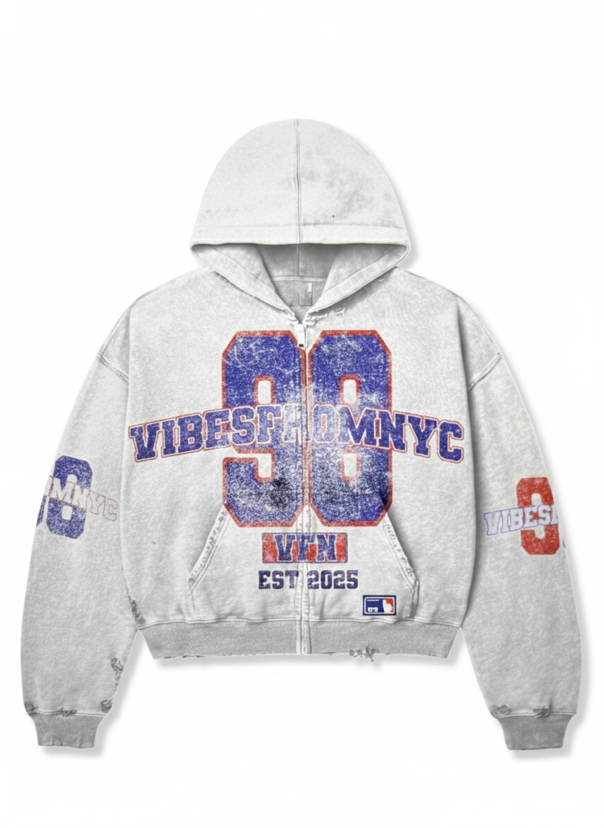 Vintage Wash Distressed Zip-Up Hoodie VIBES FROM NYC ‘88 Oversized Graphic