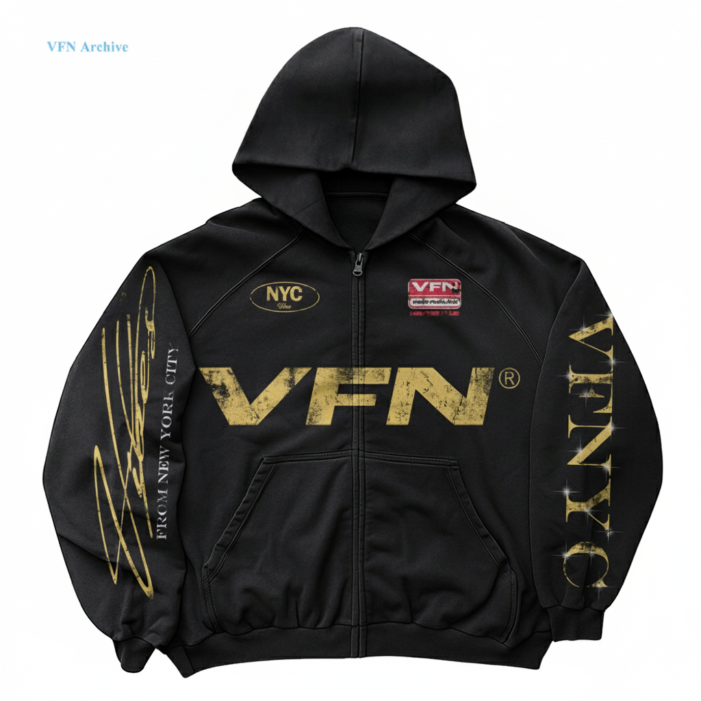 VFN Archive NYC Heritage Zip-Up Hoodie Black & Gold Graphic Sweatshirt