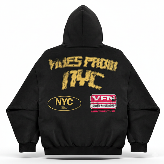 VFN Archive NYC Heritage Zip-Up Hoodie Black & Gold Graphic Sweatshirt