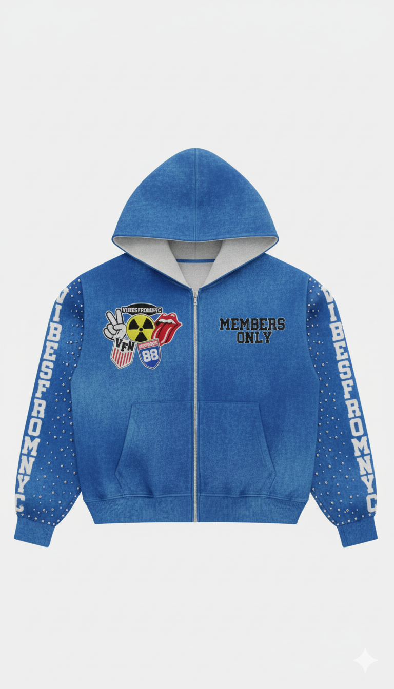 NYC Sparkle Members Only Blue Denim Effect Full Zip Studded Hoodie